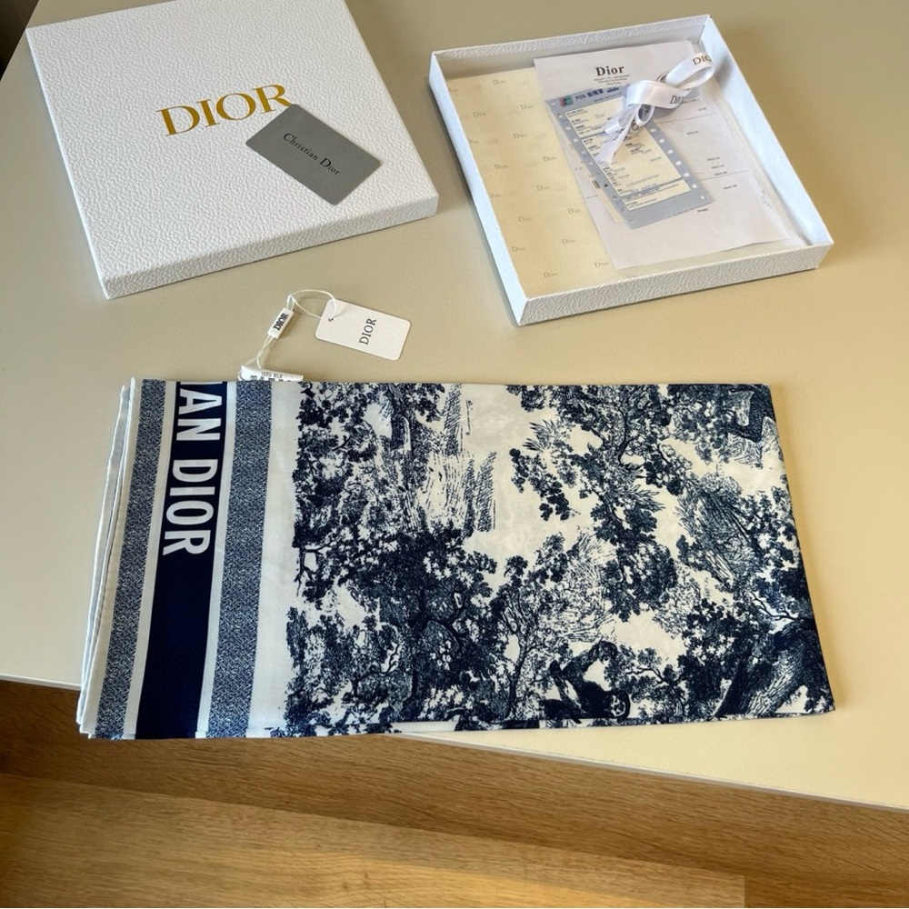 Dior Style Navy & White Toile de Jouy Print Silk Scarf - Picture 3 of 7
